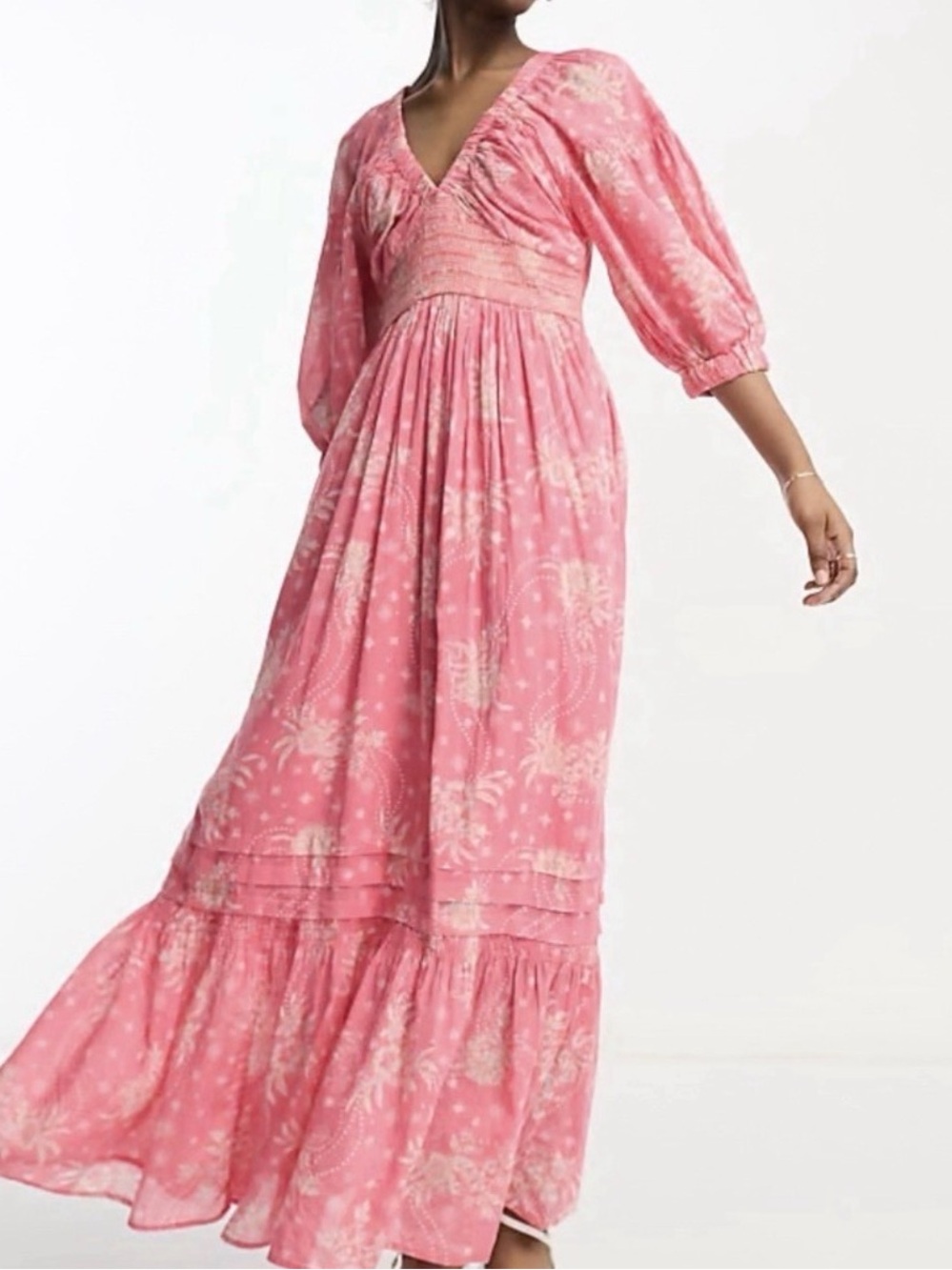 Free People Dress M Golden Hour Maxi Smocked Cotton Boho Festival Romantic